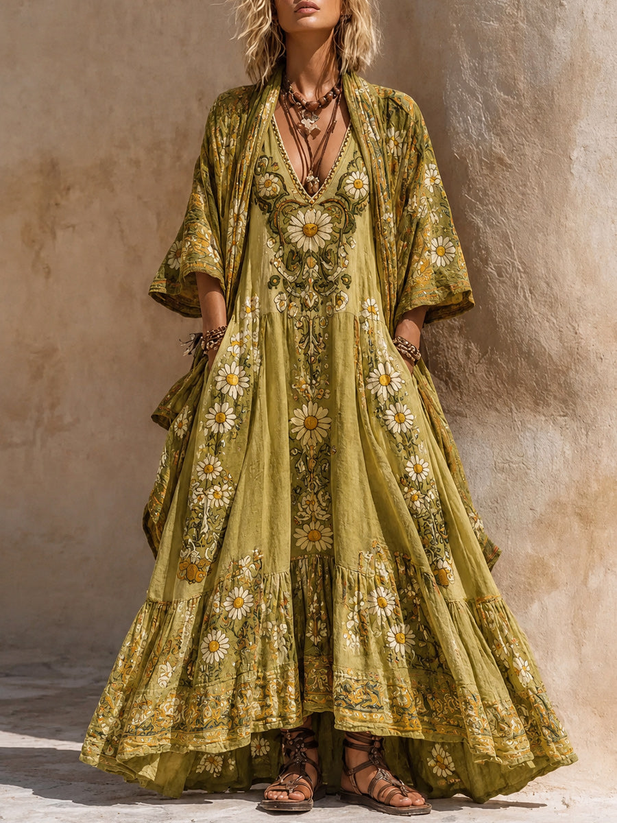 Retro Style Art Printed Vintage Camisole Dress Long Sleeve Two-Piece Maxi Dress